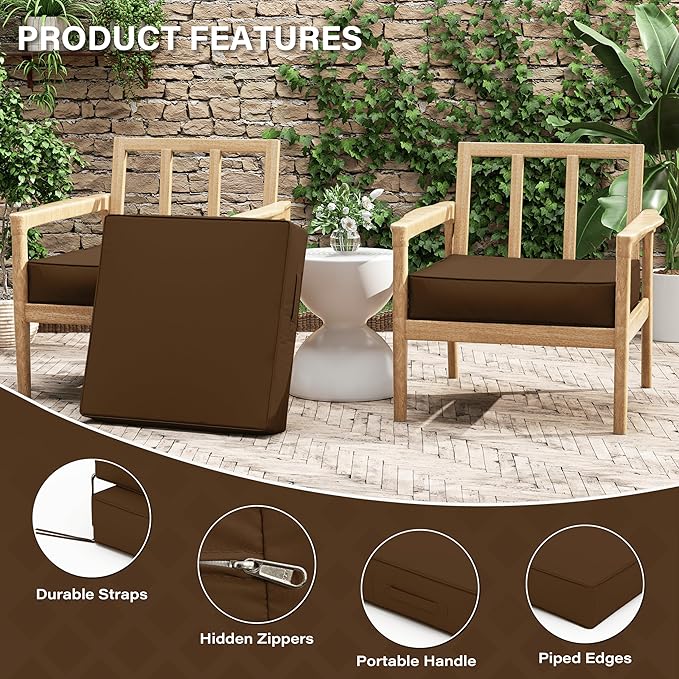 Patio Chair Cushions 24 X 24 X 5 Inch Waterproof Outdoor Seat Cushions for Patio Furniture, Outdoor Sofa Couch Pads with Ties & Handle, Set of 2, Chocolate-VerdiqueGarden