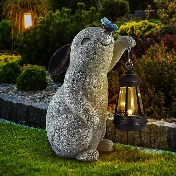 Solar Rabbit Statues for Garden Decor - Outdoor Bunny Figurine with Solar Lantern for Yard Patio Lawn Balcony Ornaments - Garden Gifts for Mothers Day, Grandma, Easter-VerdiqueGarden