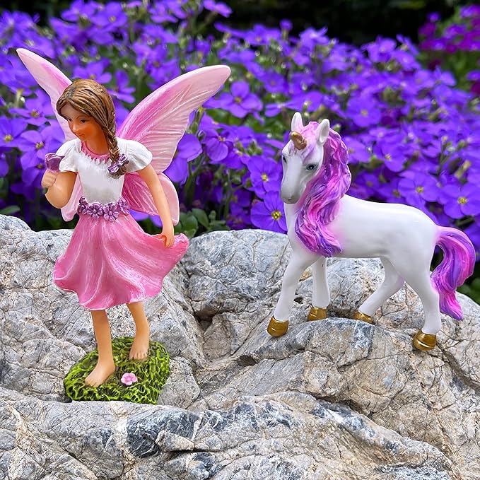 Mood Lab Fairy Garden - Fairy with Unicorn Set of 2 pcs - Miniature Figurines Statue Kit - Outdoor or House Decor-VerdiqueGarden
