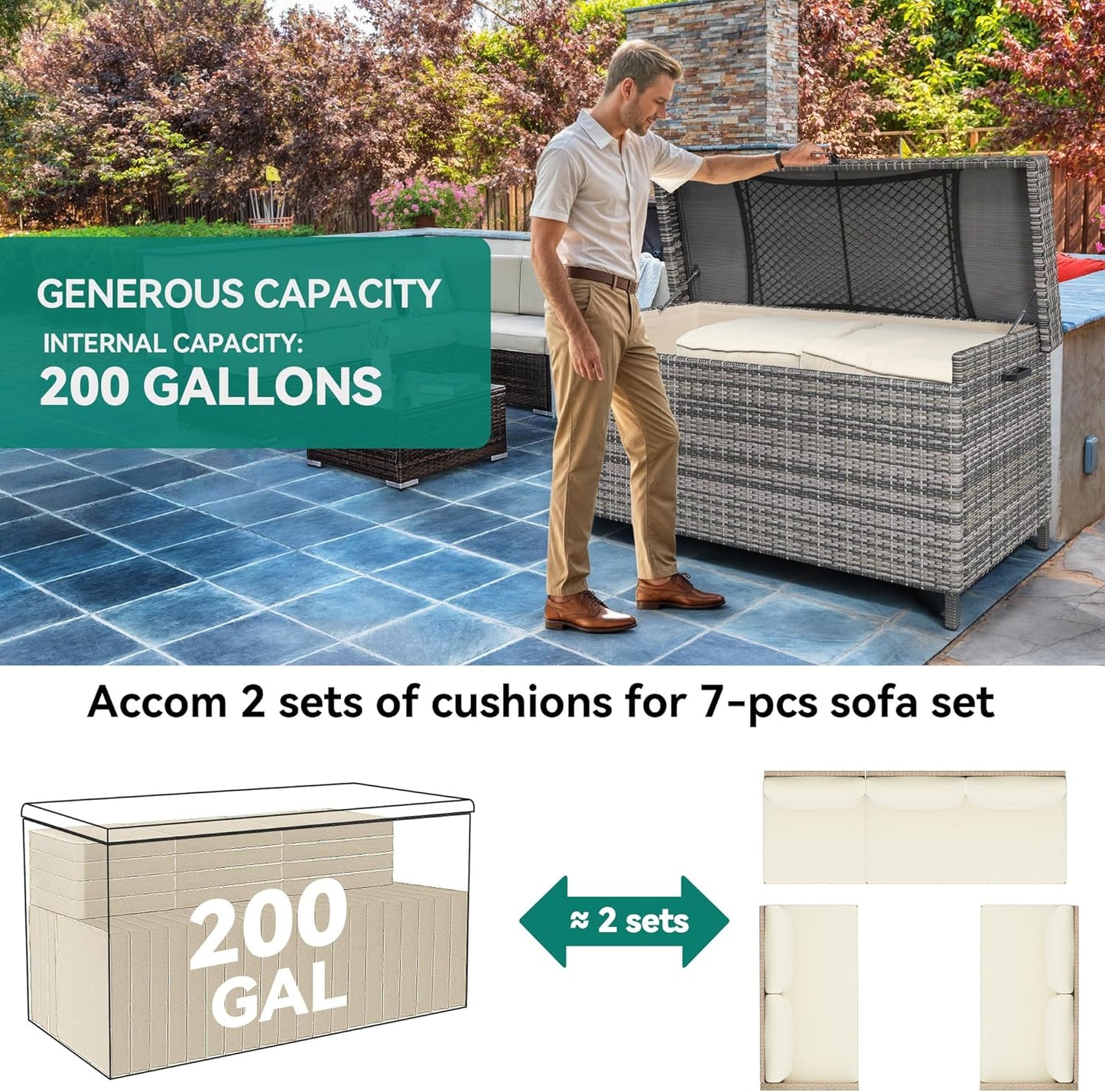 YITAHOME 200 Gallon Large Wicker Deck Box w/Storage Net, Rattan XL Outdoor Storage Box Patio Cushion Storage, Patio Storage Box for Garden Tools, Pool Sports Equipment (Grey)-VerdiqueGarden