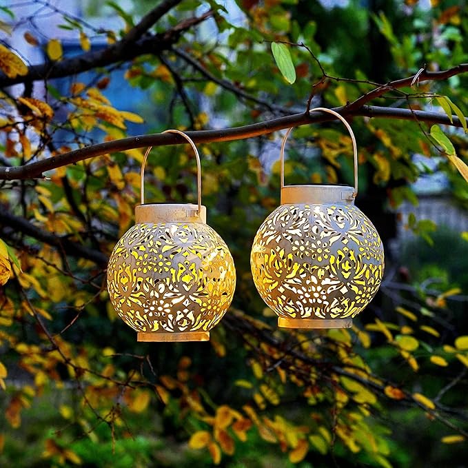 Set of 2 Outdoor Solar Hanging Lantern Lights Metal LED Decorative Lamp for Garden Patio Courtyard Lawn and Table with Hollowed-Out Design (White)-VerdiqueGarden