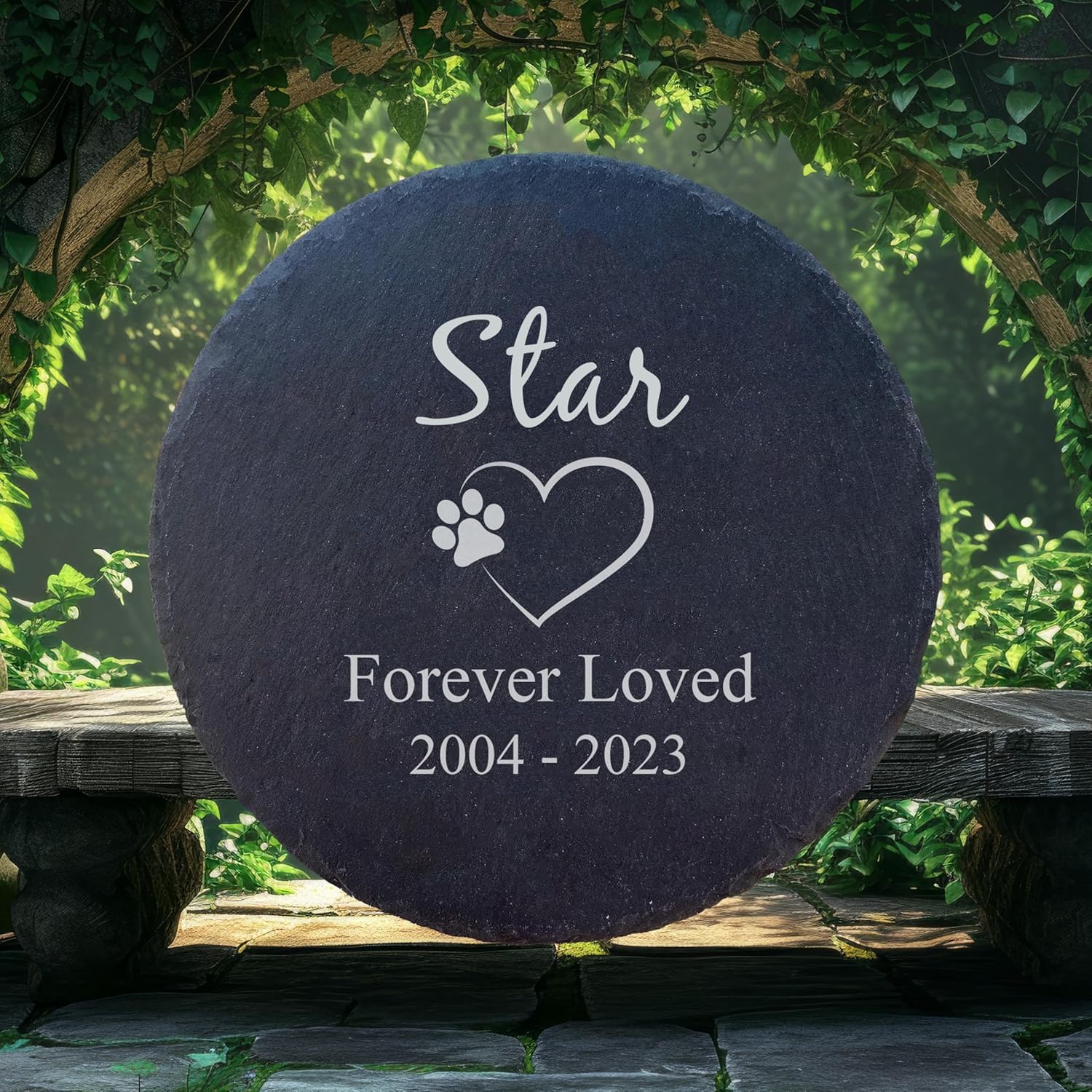 Personalized Pet Memorial Stone for Dogs and Cats | Custom Laser-Etched Weatherproof Garden Grave Marker | Natural Stone Bereavement Headstone Sympathy Gift | 4, 6, 10, or 12 Inch Heart or Circle Shape (A4)-VerdiqueGarden