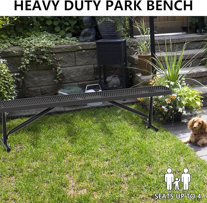 96" L Outdoor Metal Benches, Heavy Duty Garden Park Bench for Outside, Porch Chair Sports Backless Commercial Benches Mesh Bench for Shopping Mall, Store, Lawn, Park, Patio, Deck, Garden-VerdiqueGarden