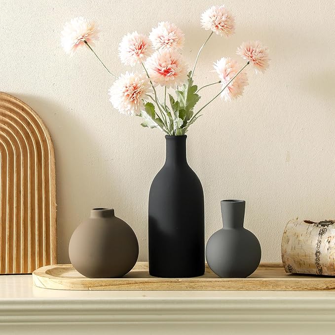 Ceramic Vase Set of 3 | Neutral Vases Home Decor | Modern Flower Pottery Vases Rustic Farmhouse Vase for Table Entryway Mantel Centerpiece Bookshelf Living Room Bathroom Bedroom -Multicolor Large-VerdiqueGarden