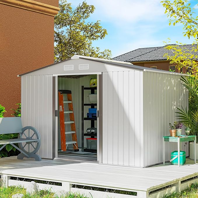Outsunny 9' x 6' Outdoor Storage Shed, Garden Tool Metal Shed with Foundation Kit, Double Lockable Door, Air Vents and Sloping Roof, for Backyard, Patio, Lawn, Silver-VerdiqueGarden