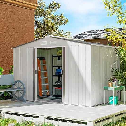 Outsunny 9' x 6' Outdoor Storage Shed, Garden Tool Metal Shed with Foundation Kit, Double Lockable Door, Air Vents and Sloping Roof, for Backyard, Patio, Lawn, Silver-VerdiqueGarden