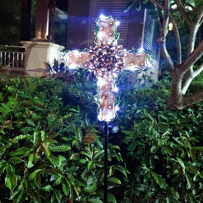 38inch Solar Cross Garden Lights Outdoor Decorative - Solar Metal&Glass Cross Apricot Hydrangea Flower Stake Lights- Waterproof 20 White LED for Remembrance Gifts & Sympathy Gifts-VerdiqueGarden