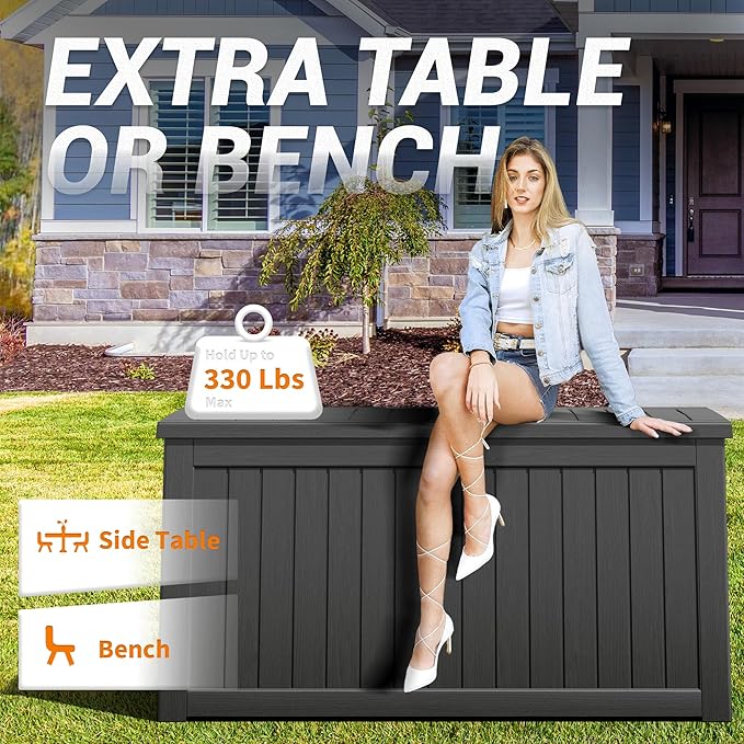 NUNU LAB 230 Gallon Large Resin Deck Box, Waterproof Outdoor Storage Box, Lockable Storage Bin for Patio Furniture, Garden Tools, Pool Accessories, UV-Resistant & All-Weather, Black-VerdiqueGarden
