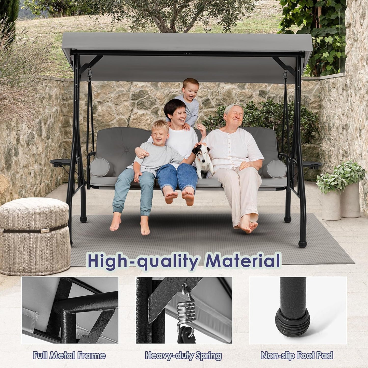 HOMREST 3 Seat Outdoor Porch Swing with 1.5" Deep Cup Holder, Adjustable Canopy,Patio Swing Bed with Stand, Patio Glider Swing with Thicken Cushions, Pillow（Grey）-VerdiqueGarden