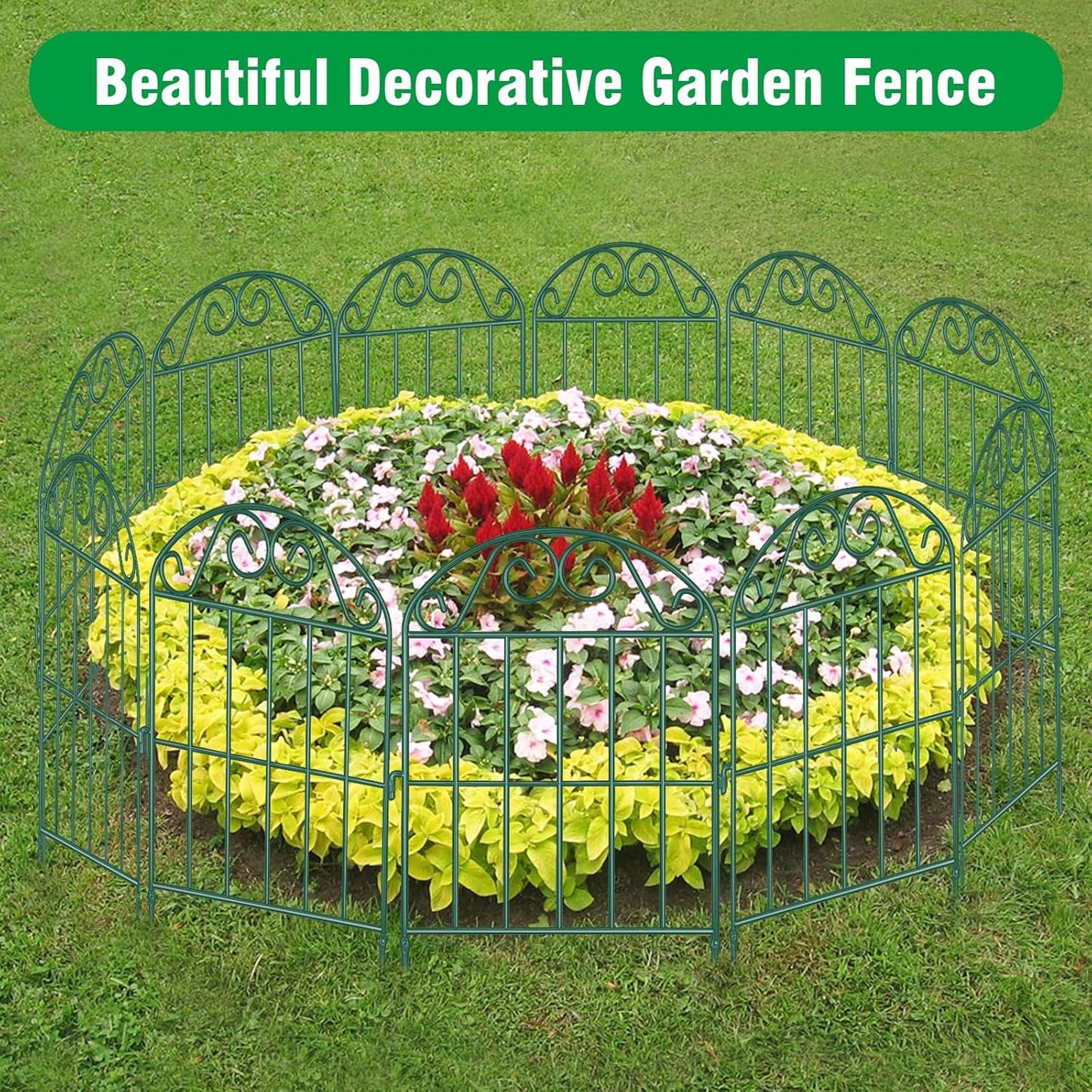 ADAVIN 20 Panels Collapsible Garden Fence Animal Barrier,22 Ft(L) x 24 in(H) Rustproof Metal Wire Panel Border for Dogs Rabbits, Arched Flower Edging for Landscape Patio Yard Outdoor Decor, Green-VerdiqueGarden