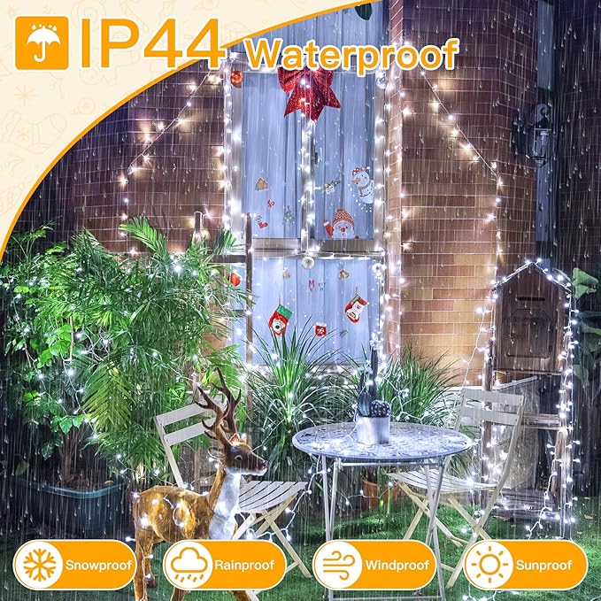 Ollny Outdoor String Lights 200LED 60FT, Cool White Connectable Plug in Fairy Light, 8 Modes Waterproof Timer Christmas Lights for Indoor Outside Bedroom House Party Wedding-VerdiqueGarden