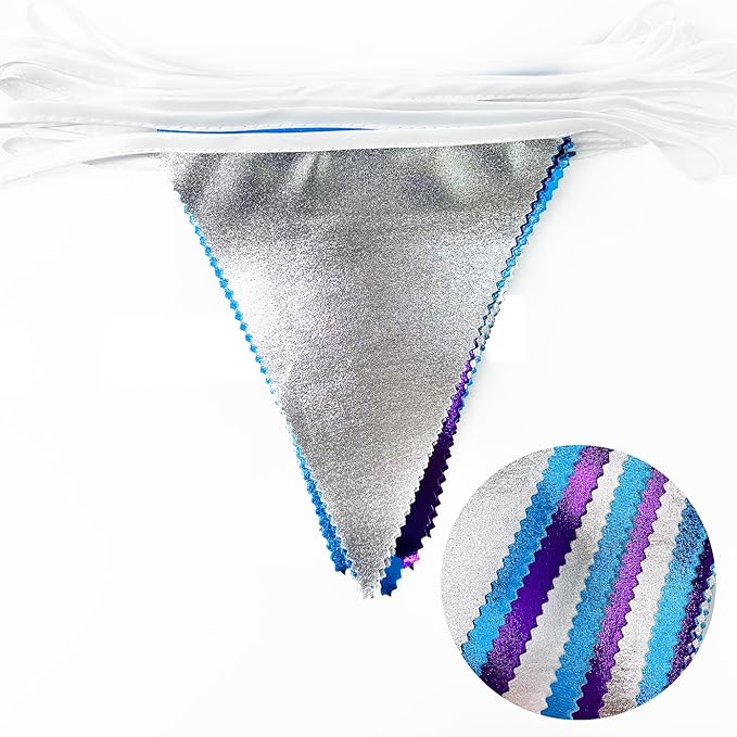 Frozen Party Decoration Purple Blue Silver Metallic Fabric Triangle Pennant Banner Flag Bunting Garland for Frozen Winter Wonderland Christmas Birthday Wedding Baby Shower Bridal Shower Party Supplies-VerdiqueGarden