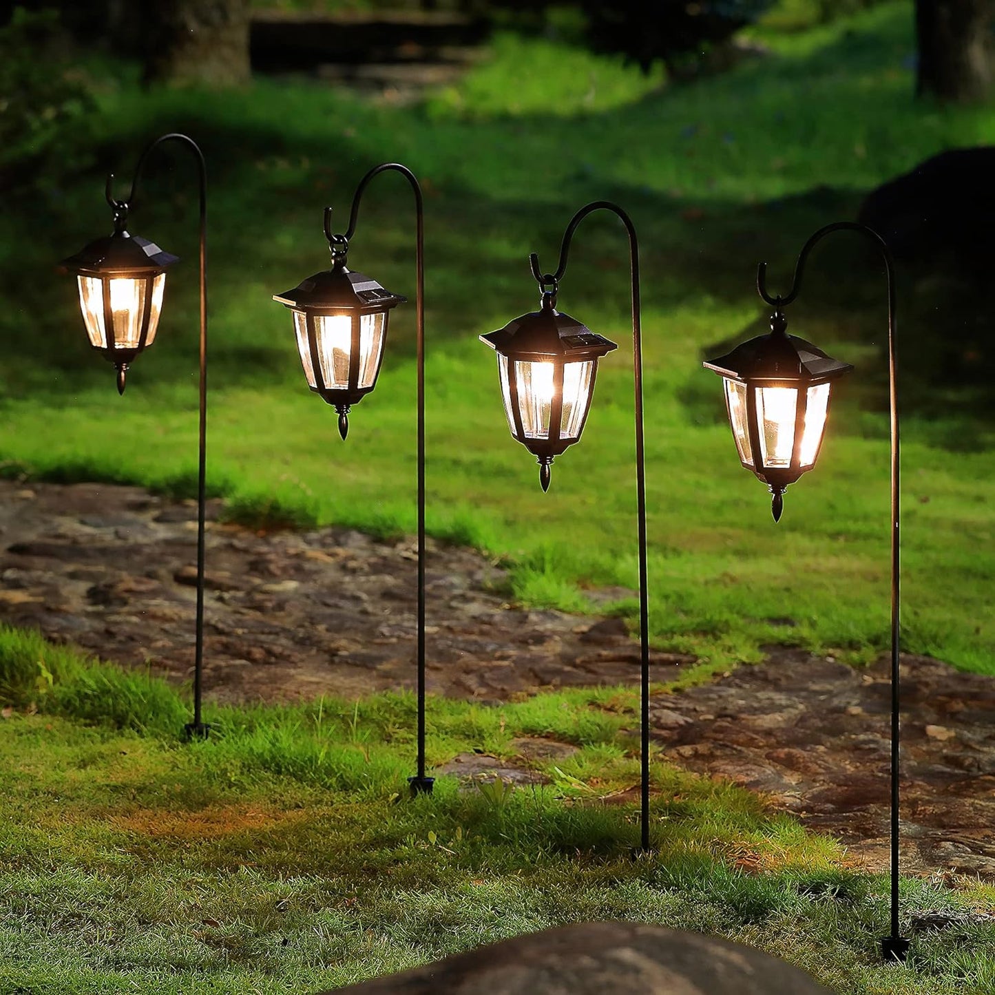 MAGGIFT 34 Inch Hanging Solar Lights, Decorative Garden Lanterns with 2 Shepherd Hooks, Solar Powered Coach Lights, Warm White LED Outdoor Lighting for Landscape, Yard, Pathway and Patio, 2 Pack-VerdiqueGarden