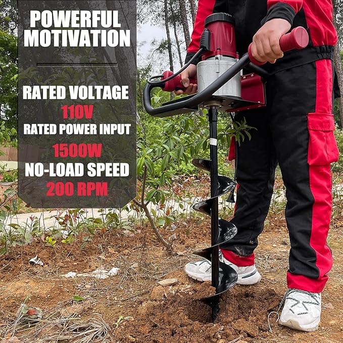 JACKCHEN 1500W Electric Post-Hole Digger with 6-Inch Auger Bit, Earth Auger Drill, Auger Bit Earth Auger, Ideal for Post Hole Digging, Drilling, Tree Planting, Red-VerdiqueGarden