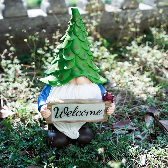 Garden Gnome Statue with Solar Lights, 13.5” Welcome Sign Gnome Outdoor Decor for Yard Lawn Patio, Funny Resin Gnome Sculptures, Gifts for Women Mom Grandma,Garden Decor Ornament-VerdiqueGarden