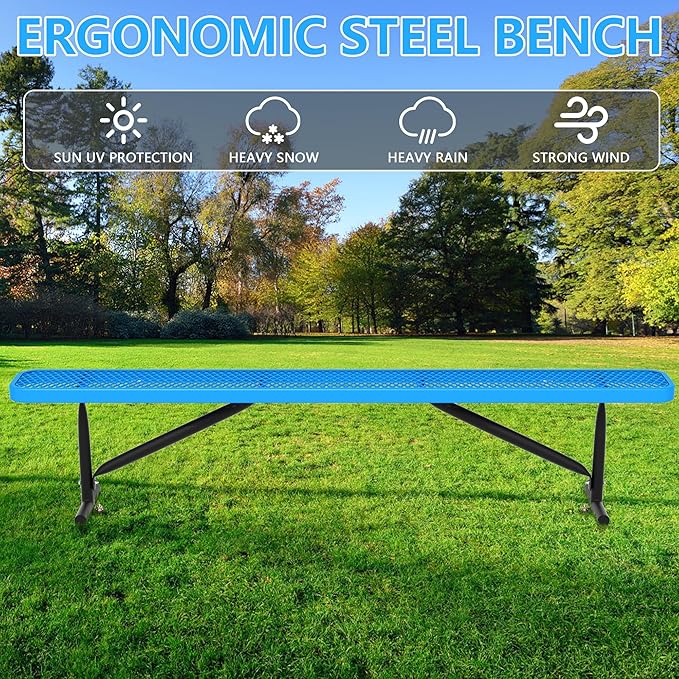 96" L Outdoor Metal Benches, Heavy Duty Garden Park Bench for Outside, Expanded Metal, Commercial Benches Mesh Bench for Shopping Mall, Store, Lawn, Park, Patio, Deck, Garden (Blue, 8FT)-VerdiqueGarden