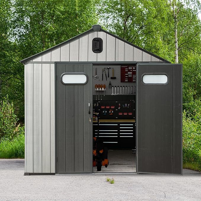 Domi 8x12 FT Outdoor Resin Storage Shed, All-Weather Double-Wall Storage Building for Backyard, Garden, Lawn Tools, Mower, Bike & Pool Equipment, Lockable Doors, Ventilated Roof, Grey-VerdiqueGarden