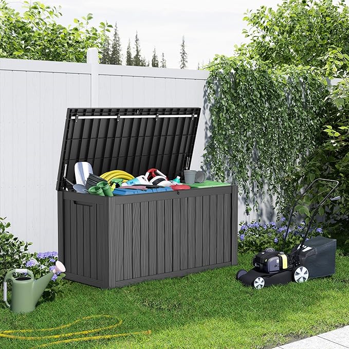 150 Gallon Resin Deck Box, Lockable Patio Outdoor Storage Box for Furniture, Garden Tools and Tools Storage, Waterproof Outside Storage Boxes - Black-VerdiqueGarden