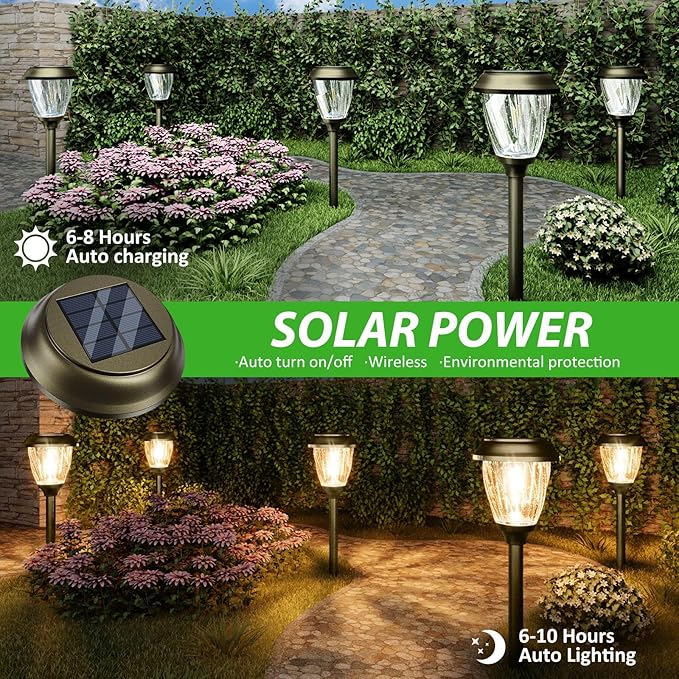 XMCOSY+ Solar Pathway Lights Outdoor, 10/25 LM in 2 Lighting Modes, Glass Stainless Steel Waterproof Outside Solar Powered Garden LED Lights for Yard Lawn Driveway Walkway Landscape Decor(Warm White)-VerdiqueGarden