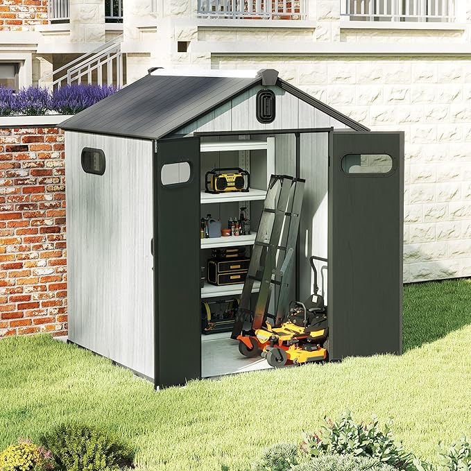 Domi 6x6FT Outdoor Resin Storage Shed with Transparent Windows & Louvered Vents, Plastic Tool Shed with Double Lockable Doors & Gable Roof, Outside Garden Shed for Backyard, Patio, Lawn, Grey-VerdiqueGarden