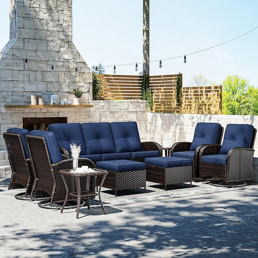 Joyside 9 Piece Patio Furniture Set, Outdoor Wicker Conversation Sets with Swivel Rocker Chairs and Sofa, Thick Cushion, Rattan Patio Sectional for Porch, Deck Use (Brown/Blue, 9 PCS)-VerdiqueGarden