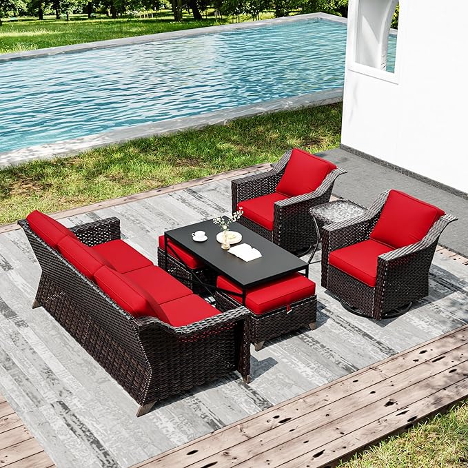 Joyside Wicker Patio Furniture Sets, 7 Pieces Upgraded Large Size Outdoor Furniture with Swivel Rocking Patio Chairs, 3-Seat Sofa, Outdoor Ottoman and Coffee Table, Thick Cushions, Wide Armrest-VerdiqueGarden