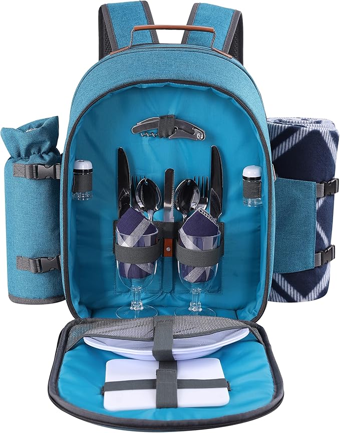 Apollo Walker Picnic Backpack Set for 2 Person with Cooler Compartment, Detachable Bottle/Wine Holder, Fleece Blanket, Plates and Cutlery Set (Teal)-VerdiqueGarden