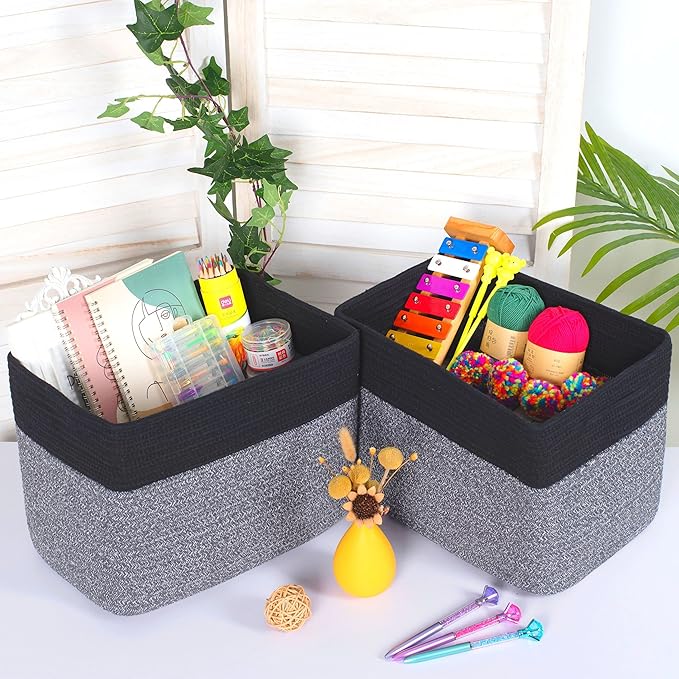 MINTWOOD Design Storage Basket for Shelves, Decorative Baskets for Organizing, Book Basket, Storage Cube Bin Box, Woven Closet Organizer, Pantry Closet and Shoe Basket, Black Grey Mix-VerdiqueGarden