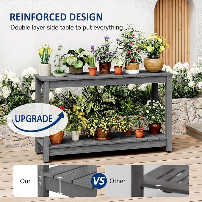 Outdoor Console Table, 48" Weather Resistant HIPS Patio Side Table, 440LBS Weight Capacity, 2-Tier Multifunctional Buffet Bar Storage Organizer for Garden Deck, Gray-VerdiqueGarden
