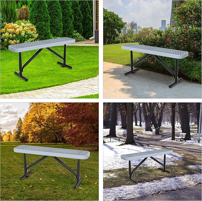 48" L Outdoor Steel Flat Bench, Heavy Duty Metal Park Bench for Outside, Expanded Metal, Commercial Benches Mesh Bench for Shopping Mall, Store, Lawn, Park, Patio, Deck, Garden (Grey, 4FT)-VerdiqueGarden