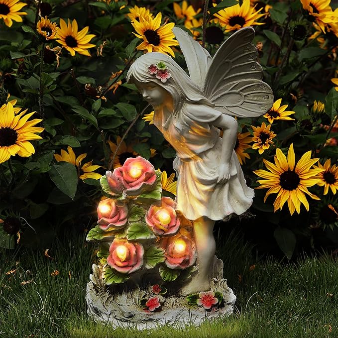 Garden Figurines Angel Garden Statue Outdoor Decor, Solar Powered Resin Sculpture with 5 LEDs Art Decoration for Patio Lawn Yard Porch, Ornament Housewarming Garden Gift, 12.8 x 7.5 x 6.1 Inch-VerdiqueGarden