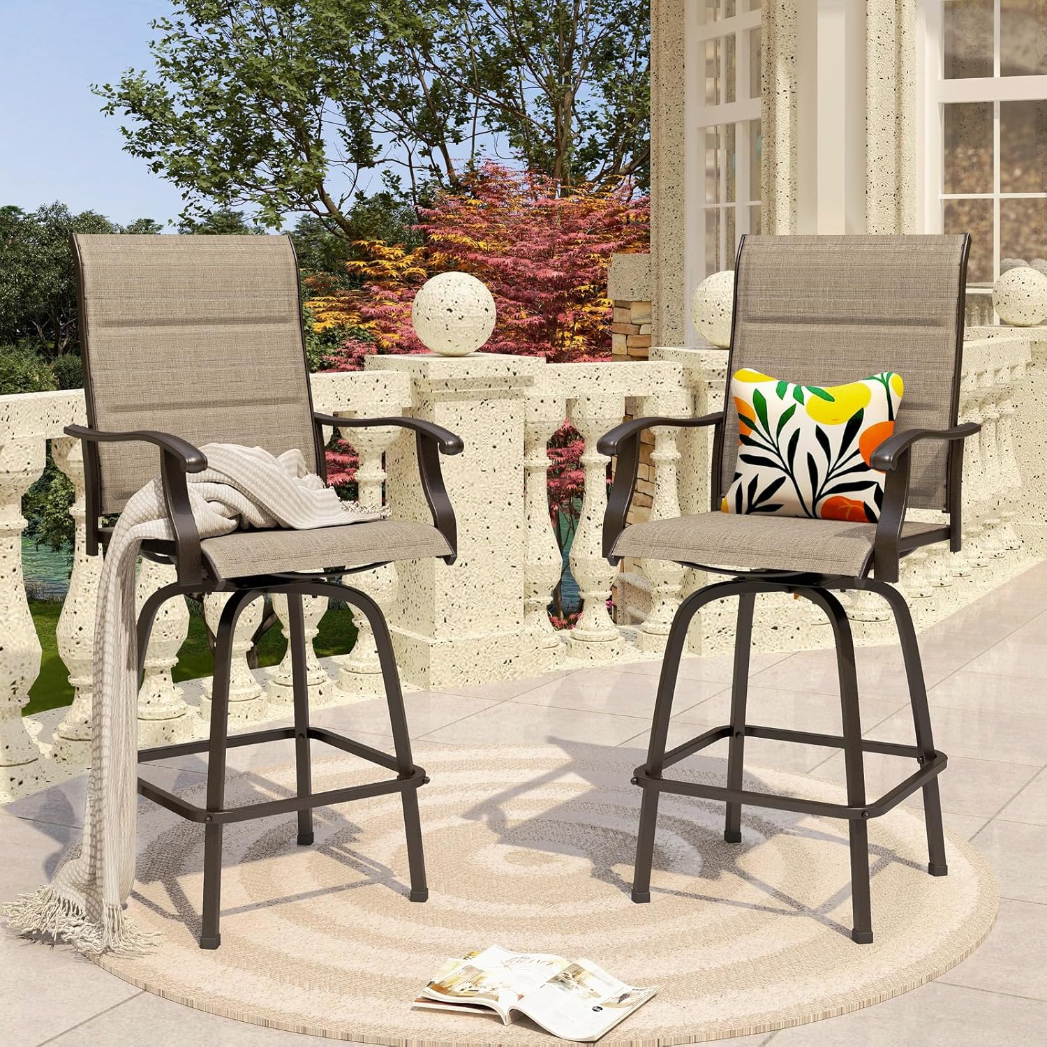 PHI VILLA Outdoor Swivel Bar Stools Set of 2, High Top Patio Chairs with Padded Textilene Seating, All-Weather Bar Height Furniture for Kitchen or Outside, Padded Brown Textilene-VerdiqueGarden