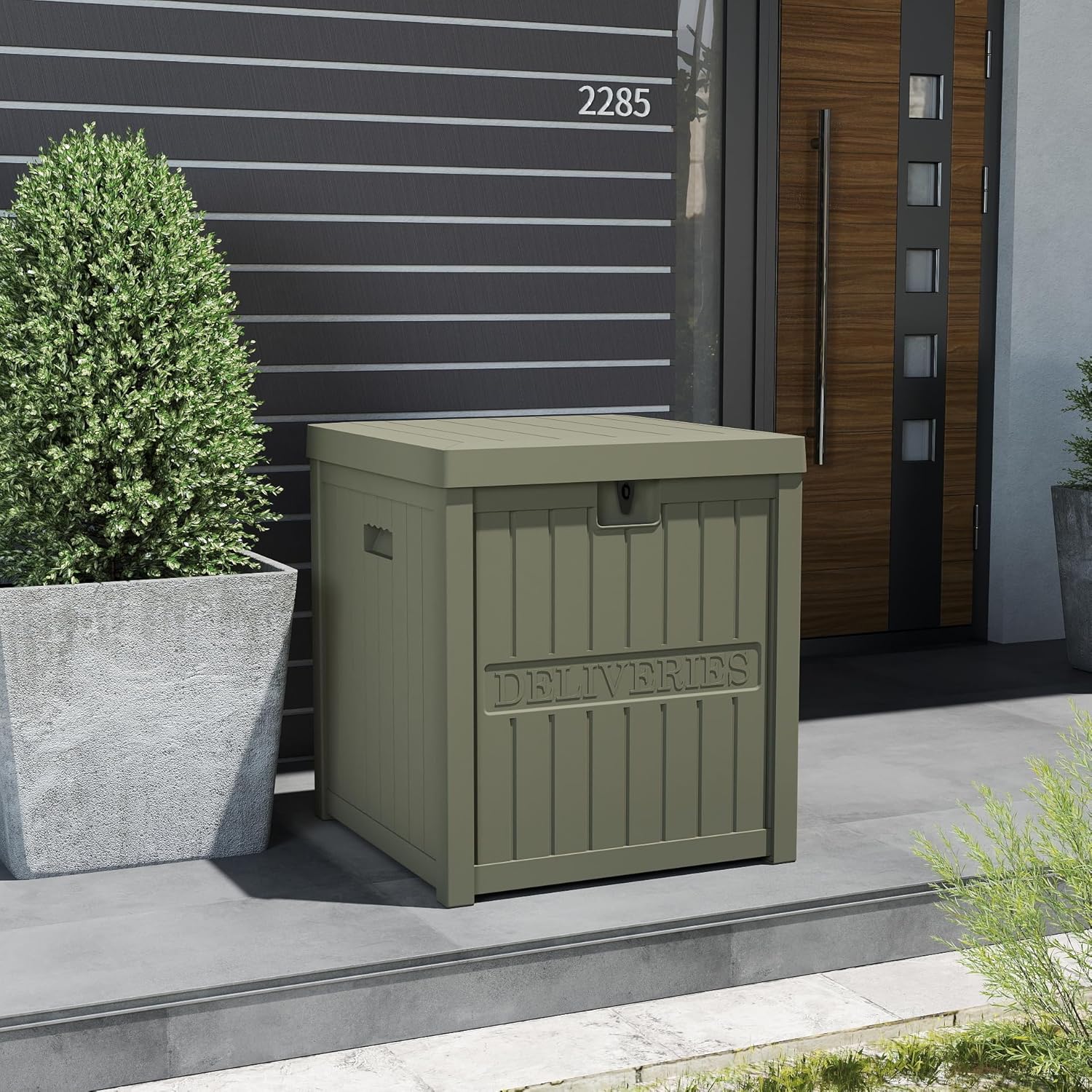 51 Gallon Resin Package Delivery Box for Outside, Lockable Secure Bin for Front Porch, Large Deck Boxes Outdoor Waterproof, Driver Snack Box, Olive-VerdiqueGarden