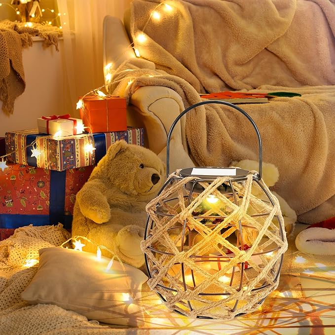 HPC Decor 2 PK Solar Lanterns-Outdoor Waterproof, Hemp Rope, Hanging Outdoor, Round Lamp Boho Decor for Garden, Yard, Patio, Porch, Pathway.-VerdiqueGarden