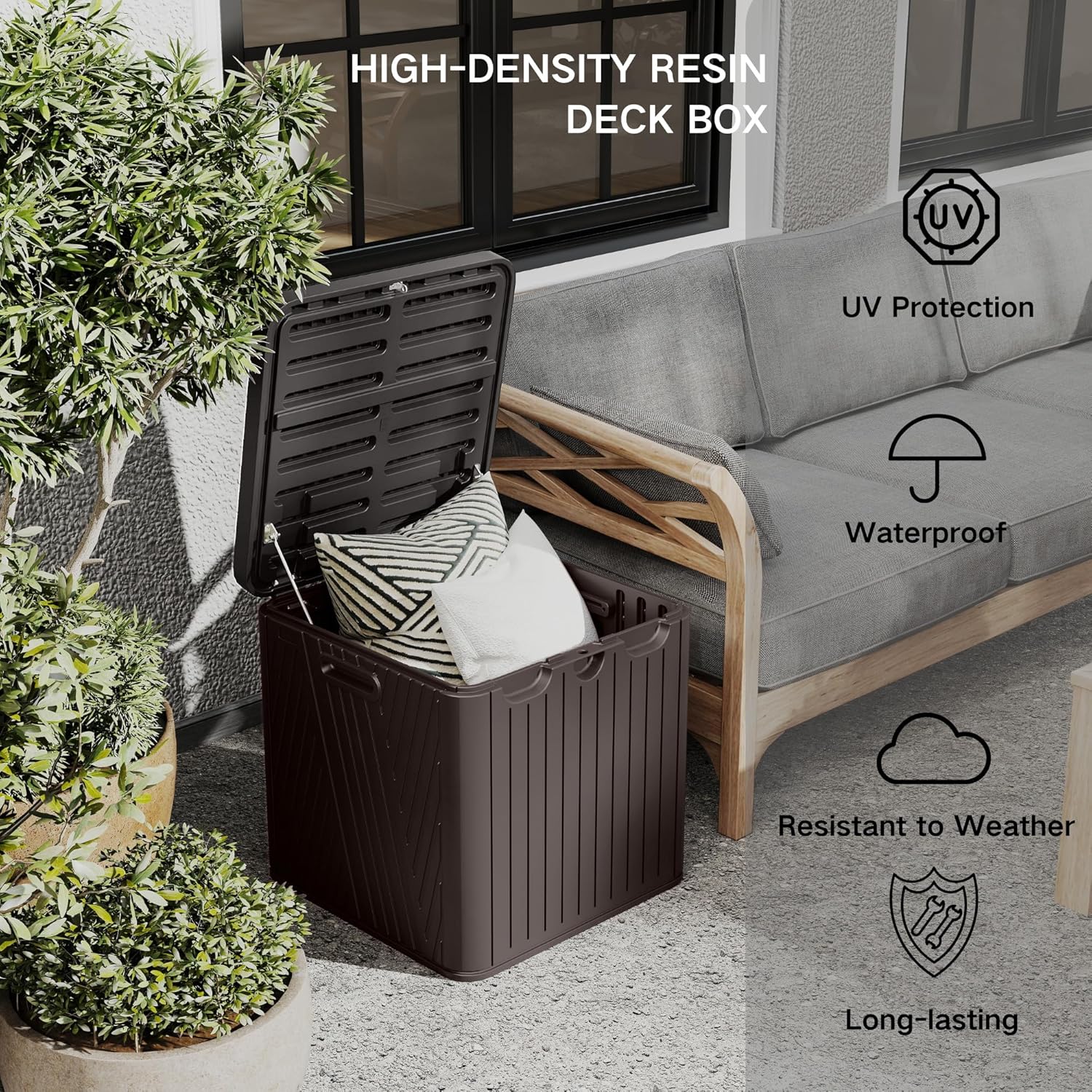 Kingdura 60 Gallon Outdoor Storage Box, Waterproof Resin Deck Box for Indoor and Outdoor Use, Lockable Storage Container for Patio Furniture Cushions Garden Tools (Coffee, 60 Gallon)-VerdiqueGarden