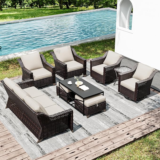 Joyside Wicker Patio Furniture Sets, 9 Pieces Upgraded Large Size Outdoor Furniture with Swivel Rocking Patio Chairs, Patio Dining Chair, 3-Seat Sofa, Outdoor Ottoman, Coffee Table, Thick Cushions-VerdiqueGarden