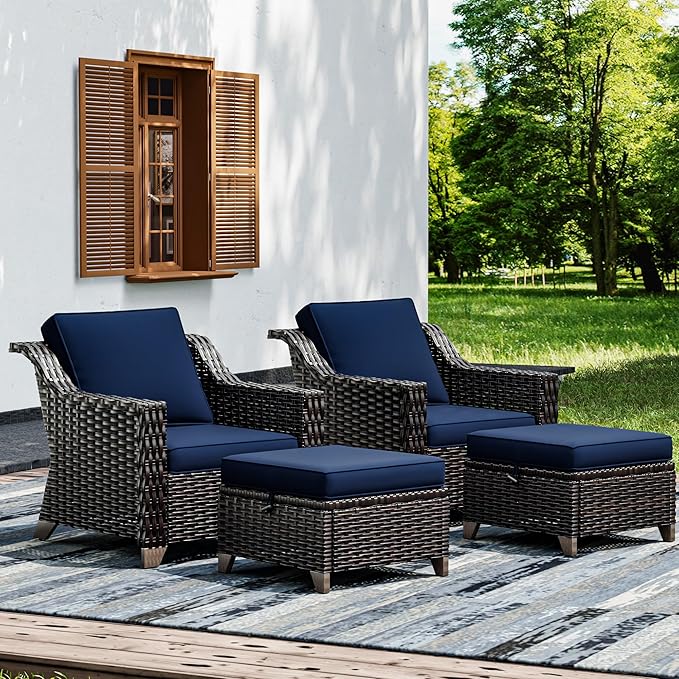 Joyside Wicker Patio Furniture Sets, 4 Pieces Upgraded Large Size Outdoor Furniture with Patio Dining Chairs and Outdoor Ottoman, Thick Cushions, Wide Armrest-VerdiqueGarden