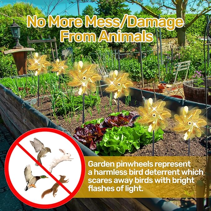 BATTIFE Golden Pinwheels for Garden, 10 Pack Reflective Wind Spinner to Scare Birds Away, Sparkly Pinwheel Deterrent, Outdoor Gold Pinwheel for Lawn and Patio-VerdiqueGarden