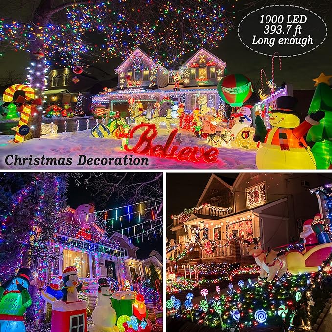 KNONEW 403FT 1000 LED Christmas Lights Outdoor String Lights 8 Modes & Timer Fairy Light Plug in Waterproof LED String Lights for Xmas Yard Tree Wedding Party Holiday Decorations (Multicolor)-VerdiqueGarden