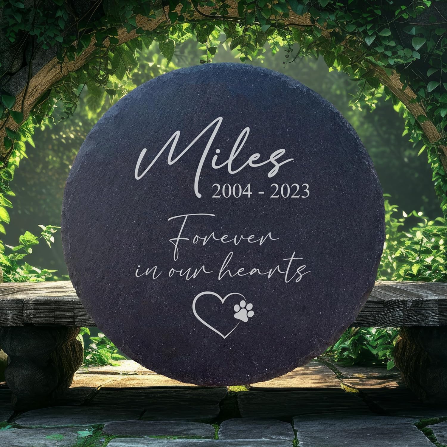Personalized Pet Memorial Stone for Dogs and Cats | Custom Laser-Etched Weatherproof Garden Grave Marker | Natural Stone Bereavement Headstone Sympathy Gift | 4, 6, 10, or 12 Inch Heart or Circle Shape (A2)-VerdiqueGarden