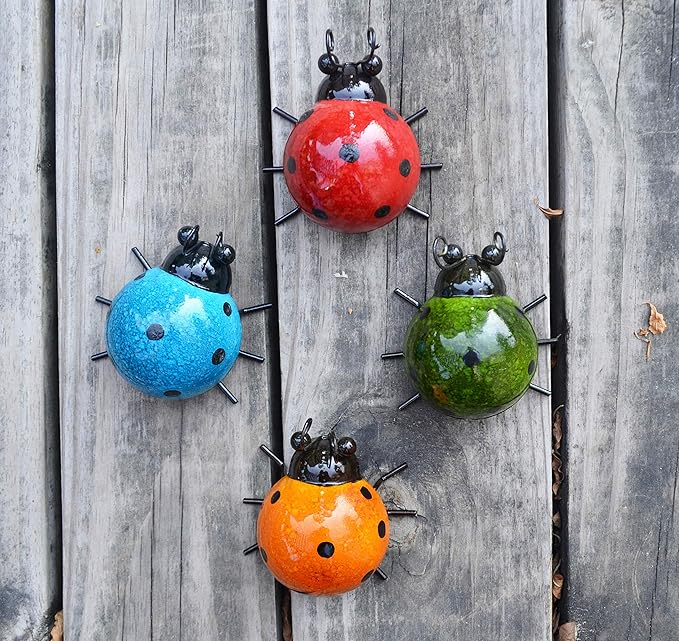 GIFTME 5 Metal Garden Wall Art Decorative Set of 4 Cute Ladybugs Outdoor Wall Sculptures-VerdiqueGarden