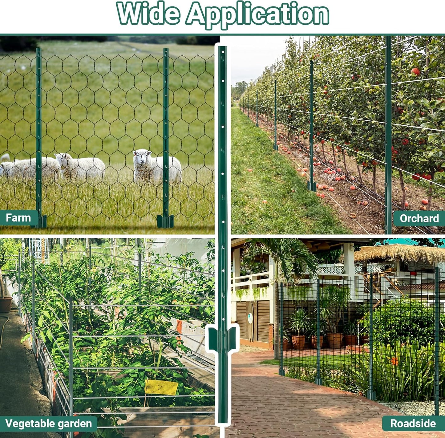 Fence Post 4 FT - 10 Packs, Metal Heavy Duty U Posts, Powder-Coated for Long-Lasting Use, Perfect for Holding Wire &Plastic Mesh, Corner Anchors, Green-VerdiqueGarden