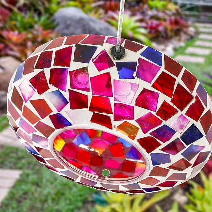 Sunnydaze 6-Inch Glass Mosaic Hanging Bird Feeder for Outdoors - Fly-Through Wild Bird Feeder - Crimson Mosaic-VerdiqueGarden