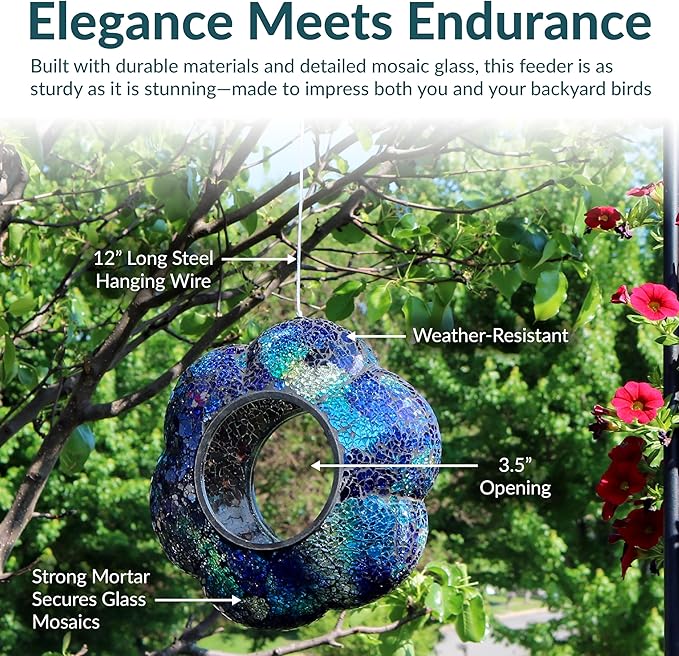 Sunnydaze 10-Inch Glass Mosaic Hanging Bird Feeder for Outdoors - Fly-Through Wild Bird Feeder - Indigo Flower Mosaic-VerdiqueGarden