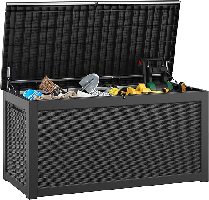 KAMABOKO 260 Gallon Outdoor Storage Box, Resin Deck Boxes Indoor and outdoor, Waterproof Storage Box Lockable Lid for Garden Tools, Package Delivery, Patio Cushions, Black-VerdiqueGarden