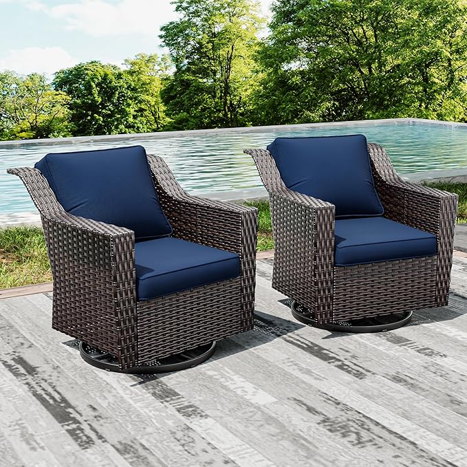 Joyside Swivel Patio Chairs Set of 2, Wicker Patio Furniture with Wide Armrest and Thick Cushions, Upgraded Large Size for Backyard, Garden, Poolside-VerdiqueGarden