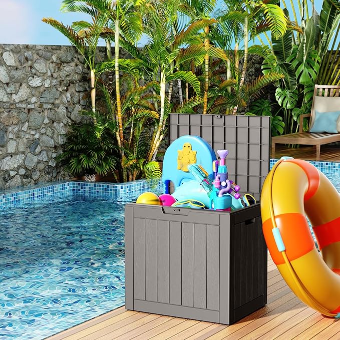 31 Gallon Resin Deck Box, Lockable Patio Outdoor Storage Box for Furniture, Garden Tools and Tools Storage, Waterproof Outside Storage Boxes - Grey-VerdiqueGarden