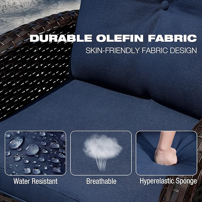 Joyside Outdoor Swivel Rocker Chairs, 3 Piece Wicker Patio Set with Thick Cushion and Side Table, Rattan Patio Swivel Rocking Chairs for Porch, Deck Use (Brown/Blue, 3 PCS)-VerdiqueGarden