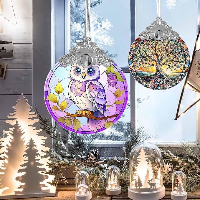 Stained Glass Suncatcher, Jocidea Owl Ornament, Christmas Ornaments, Holidays Ornaments, Christmas Tree Decor, Owl Decor for Home, Owl Gifts-VerdiqueGarden
