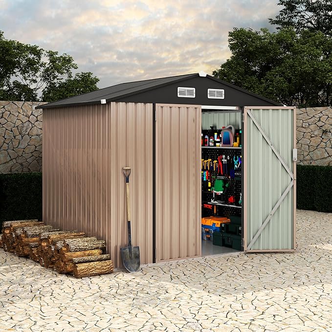 6x8 FT Metal Storage Sheds Outdoor with Floor, Metal Yard Sheds Garden Shed Kit, MetalTool Shed with Lockable Door, Metals UtilitySheds Buildings with Air Vent for Backyard Garden Patio Lawn-VerdiqueGarden